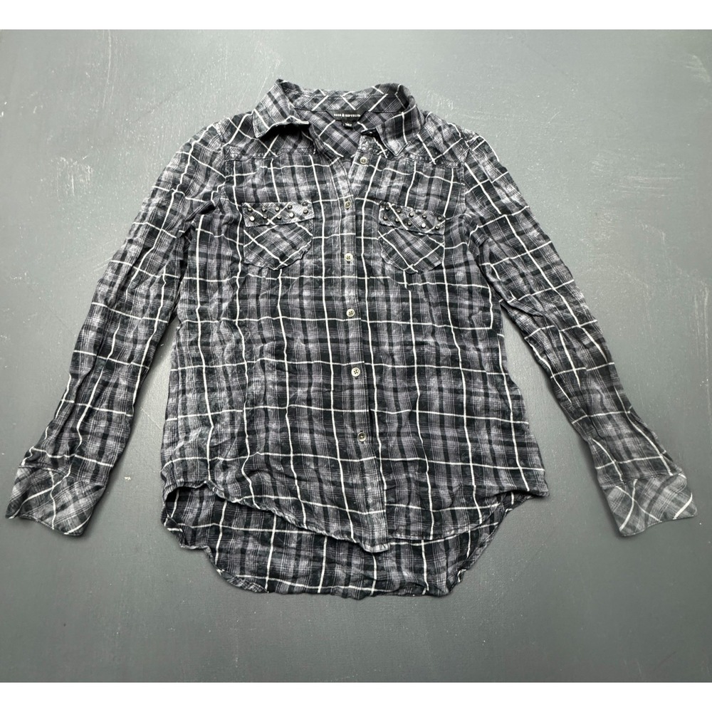 Rock & Republic Womens L Gray Plaid Studded Button Up Long Sleeve Shirt Casual